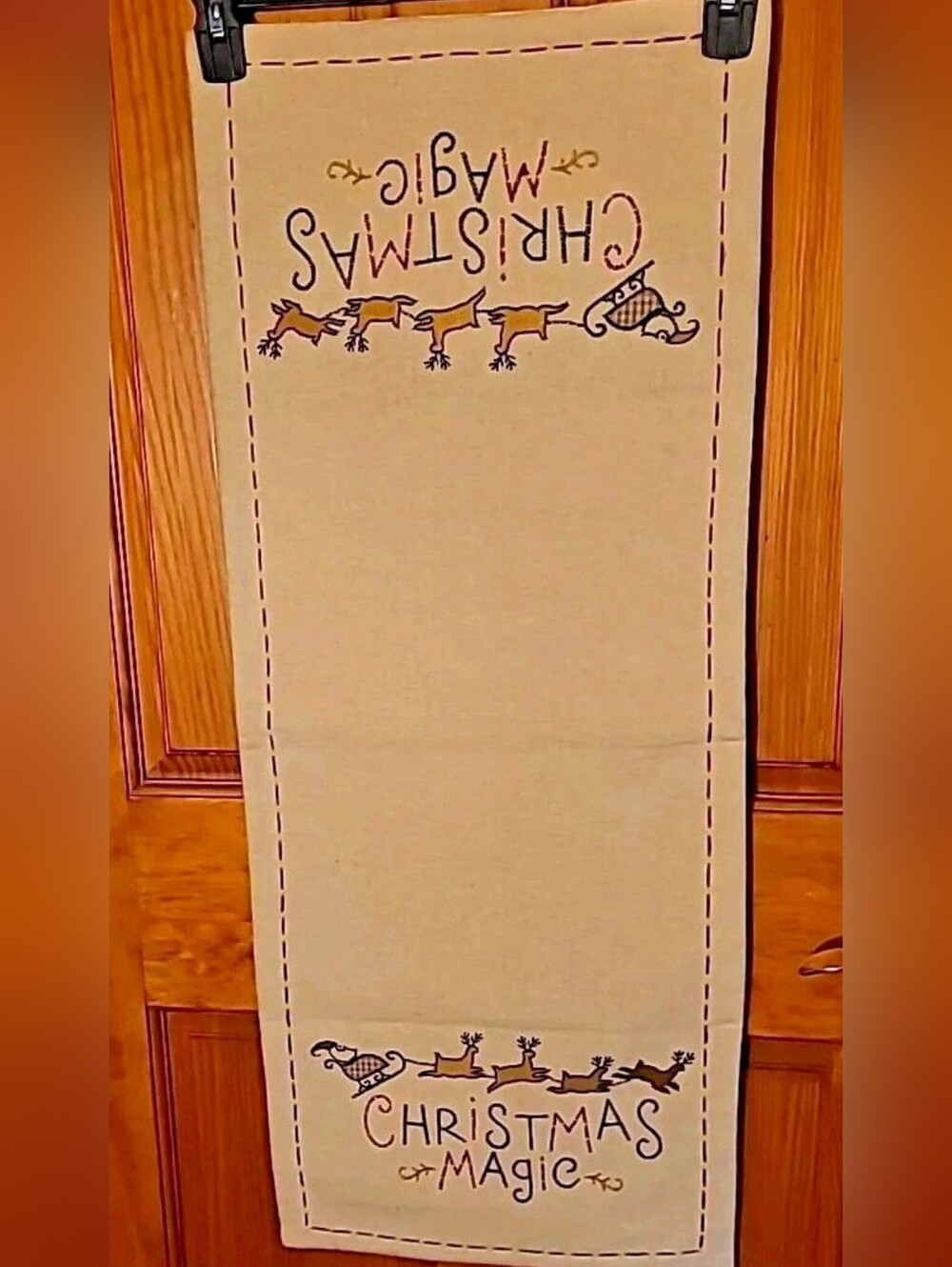 Christmas Magic Reindeer Table Runner - Beige with Gold and Black Prints 35" New